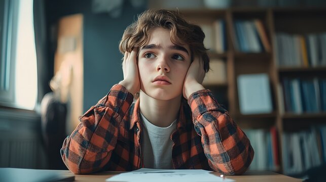 Teen student feeling stressed and overwhelmed studying at home with books education concept photo