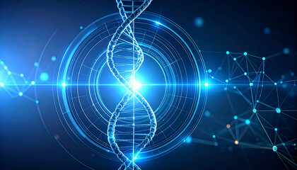 DNA Spiral and Innovation: A luminous DNA helix, at the core of a futuristic composition, signifying scientific advancements, genetic breakthroughs, and biotechnological progress.