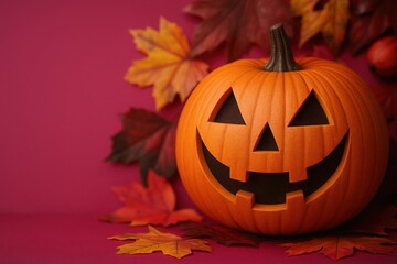 Halloween pumpkin with autumn leaves on a pink background glowing jack-o-lantern face fall decorations spooky vibe