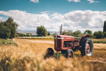 vintage red tractor parked in golden wheat field