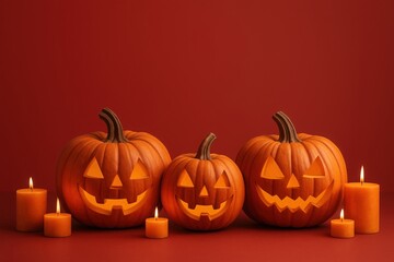 Autumnal Arrangement Three Carved Pumpkins Glowing Candles Against Red Backdrop Festive Scene Seasonal Decor Halloween Spirit Still Life