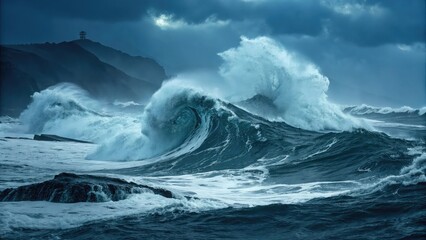 Dramatic ocean waves crashing against rocky coastline