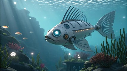 Fototapeta premium Underwater robotic fish in a bioluminescent reef