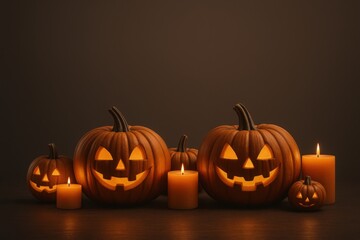 Halloween Pumpkins and Candles on Dark Background for Festive Autumn Season Decor and Holiday Celebration Theme with Warm Lighting