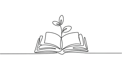 Single line drawing of open book with plant