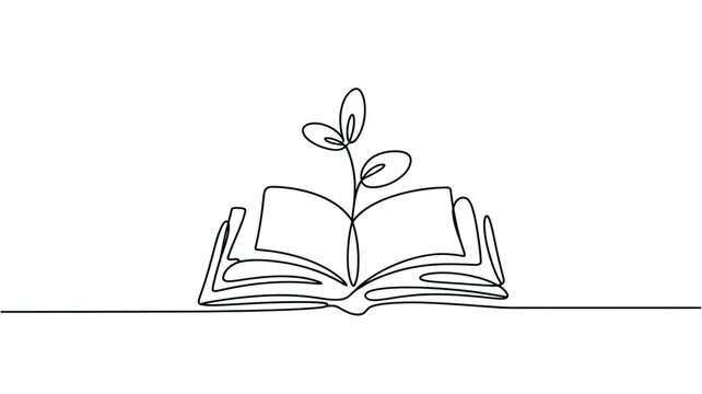 Single line drawing of open book with plant