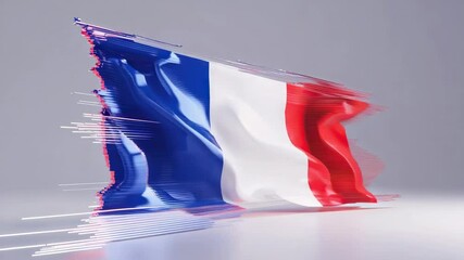 Starting glitch bars merging into French flag waving under simulated breeze on studio floor - Powered by Adobe