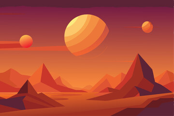 A vibrant, stylized illustration of an alien landscape with planets and mountains.