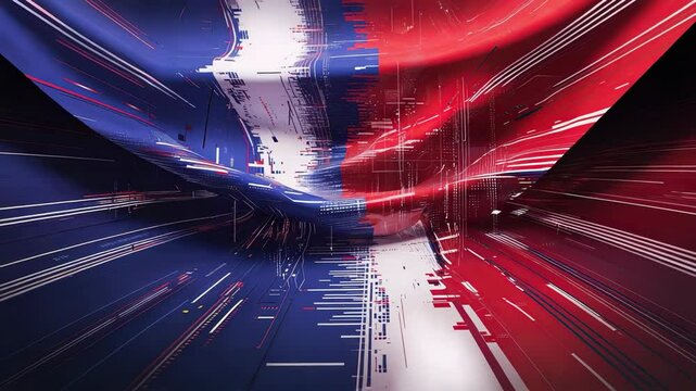 Playback starting digital tunnel undulating with red white blue bands streaks simulating data flow - Powered by Adobe