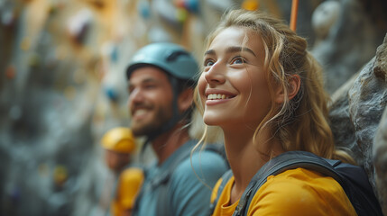 Happy diverse couple at climbing wall event, smiling and having fun