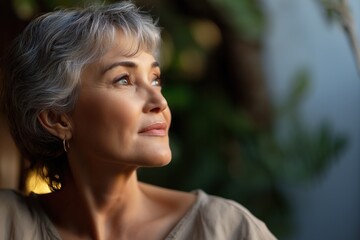 Contemplative mature caucasian woman outdoors with gray hair and thoughtful expression