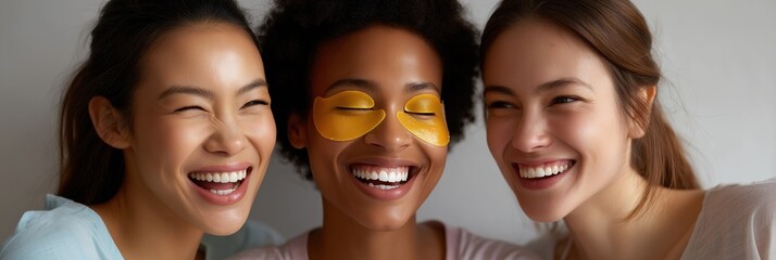 Smiling diverse young women with eye masks enhancing skincare routine