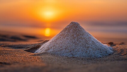 A conical pile of white salt rests on a sandy beach at sunset, the sun reflecting on the calm ocean behind