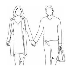 Black Line Art Couple Holding Hands Walking Shopping Bags