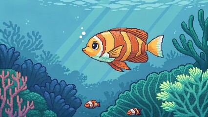 Fototapeta premium Pixel art tropical fish in vibrant coral reef
