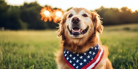 Patriotic Golden Retriever, Dog with American Flag, Pet in Bandana, USA Dog, Animal Images, Canine Friend, Summer Field Day