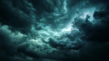 Fototapeta premium Dark stormy night sky with ominous clouds and lightning strikes