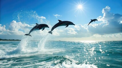 Obraz premium Three dolphins leaping in ocean sunlight