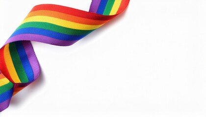  curled satin rainbow ribbon with vibrant lgbt pride colors on white background for celebration, web design, awareness poster, or equality branding concept