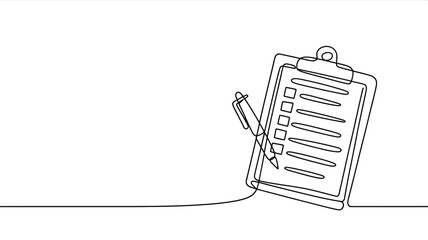 Single line drawing checklist clipboard and pen