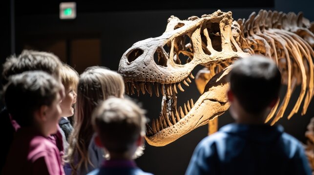 Children observing a dinosaur skeleton