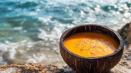 A chilled coconut mango smoothie, in a coconut shell, set against a tropical beach background with room for text
