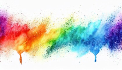vibrant rainbow powder explosion on white background with dripping paint and splatter texture for web design, branding, poster, or print media use

