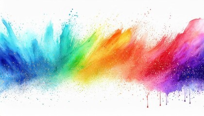 vibrant rainbow powder explosion on white background with dripping paint and splatter texture for web design, branding, poster, or print media use

