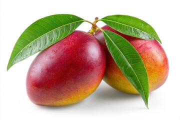 Two Mango Fruits with Green Leaves