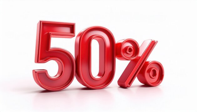 glossy red 3d 50 percent off symbol with layered spiral texture on white background for sale banner, retail poster, ecommerce graphic, or discount promotion design

