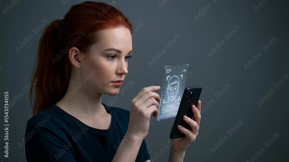 Poster woman using smartphone with facial recognition hologram for biometric authentication. future technol