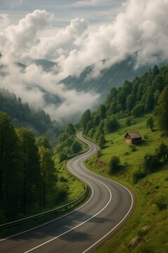 Asalem to Khalkhal Mountain Road with Cozy Cabin Amid Misty Forest Hills. AI created. 