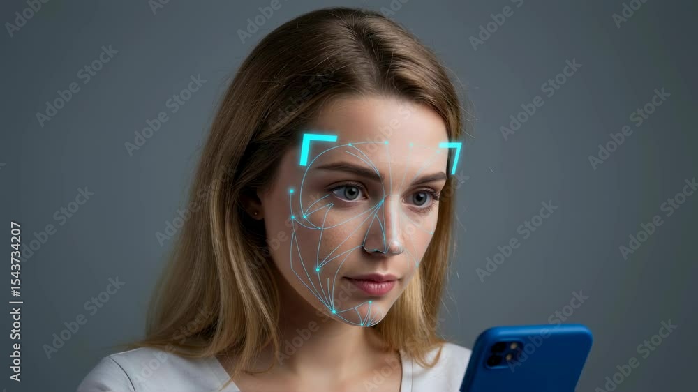 Poster woman uses face recognition software in smartphone. biometric scan to unlock phone with ai. facial i
