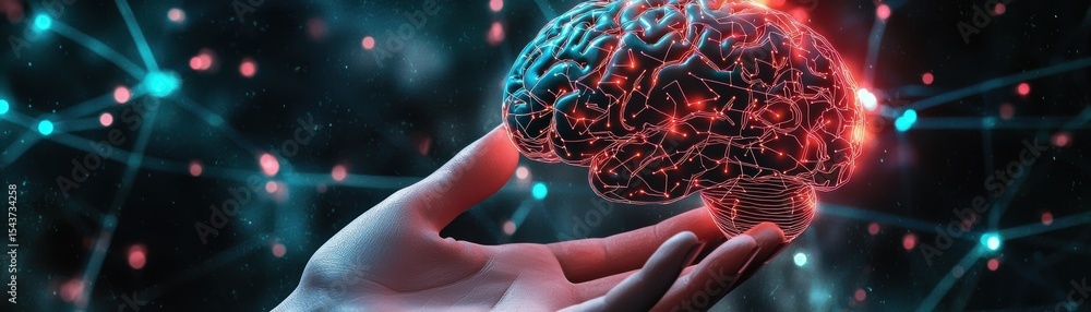 Poster a digital hand holds a glowing, networked brain with interconnected nodes, symbolizing artificial in
