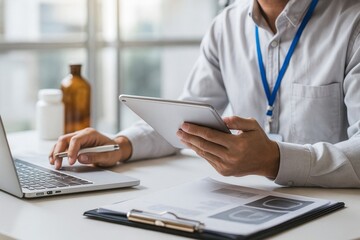 Fototapeta premium Doctor using digital tablet and laptop computer modern technology medical healthcare professional online consultation patient electronic health records medical device digital diagnostic images medical