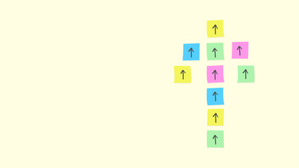 Colorful sticky notes with upward-pointing arrows are arranged to form a large arrow pointing up on a light background, symbolizing cooperation and collective effort toward a shared goal