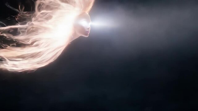 Mysterious glowing entity soaring in dark sky with streaming light trails