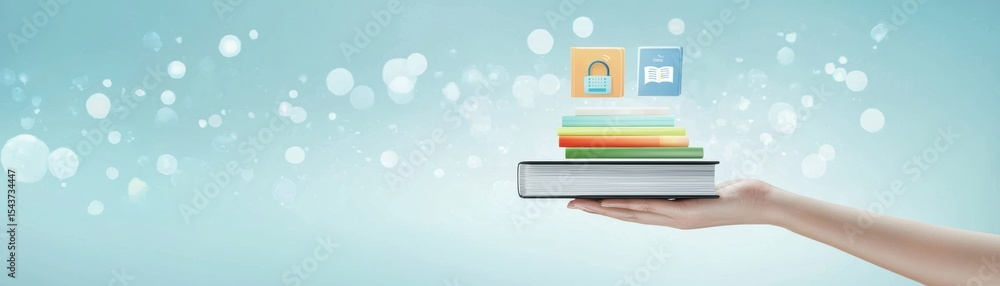 Poster a hand holding a stack of books with floating icons representing digital learning and education on a