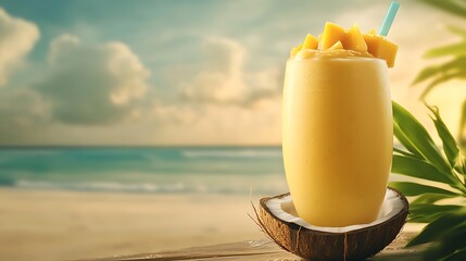 A chilled coconut mango smoothie, in a coconut shell, set against a tropical beach background with room for text