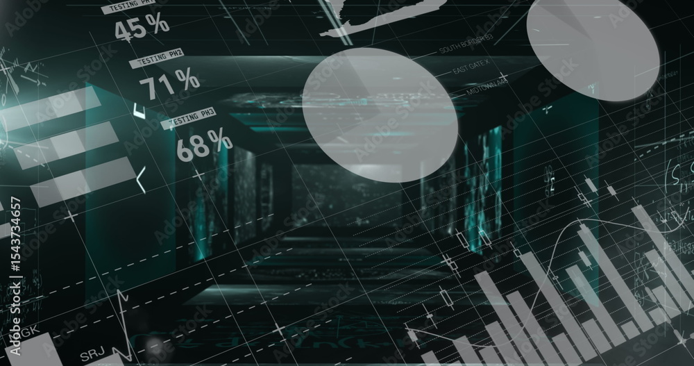 Poster Running digital analytics interface in futuristic data tunnel simulation, with floating data panels