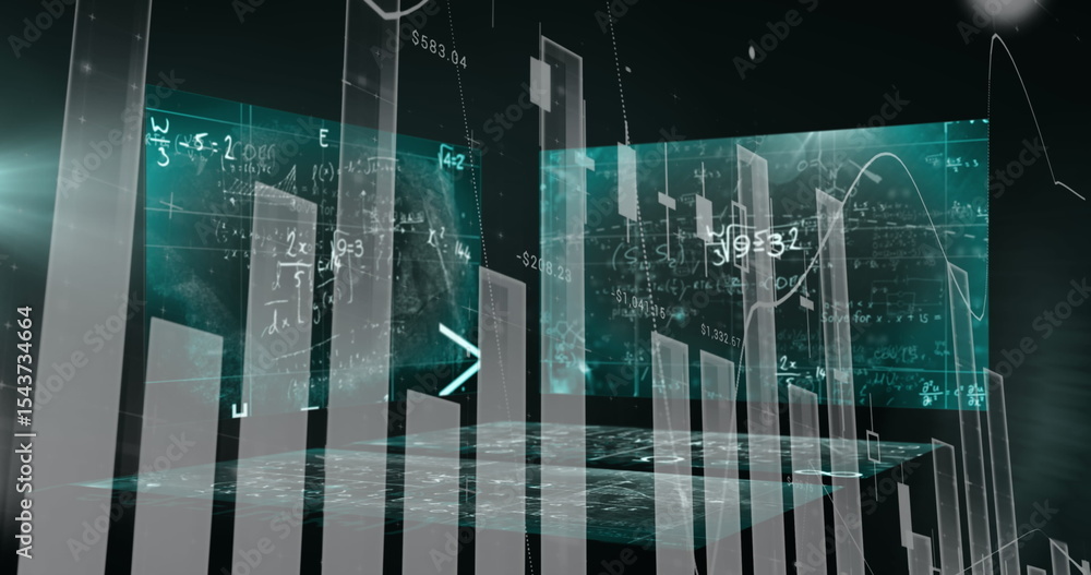 Poster floating holographic bar chart showing translucent bars in digital space, with equations