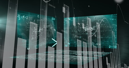 Floating holographic bar chart showing translucent bars in digital space, with equations
