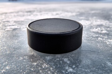 A black hockey puck rests on a textured ice surface, with a blurred background suggesting an outdoor rink