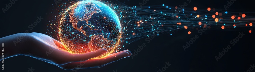 Poster a digital hand holds a glowing, pixelated earth with streaming data particles extending into the dis