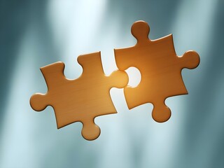 Obraz premium Two golden puzzle pieces connecting against a blue background, symbolizing teamwork and collaboration.