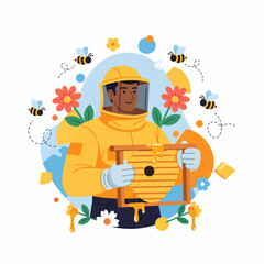 Beekeeper Harvesting Honey With Protective Suit And Honeycomb Frame
