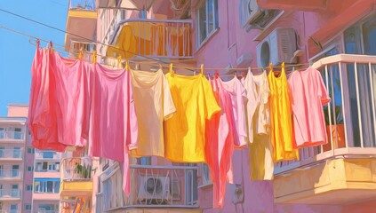 Colorful clothes line drying on a sunny balcony
