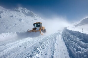Snowplow truck clearing snow on mountain road in winter