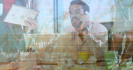 Gathering colleagues analyzing market trends in office meeting room, with tablet and chart overlay