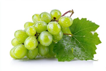 Green Grape Bunch with Leaf on White Background